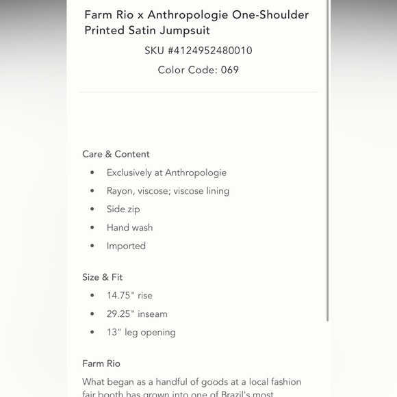 NWT FARM RIO X ANTHROPOLOGIE One Shoulder Printed Satin Jumpsuit - Picture 13 of 13